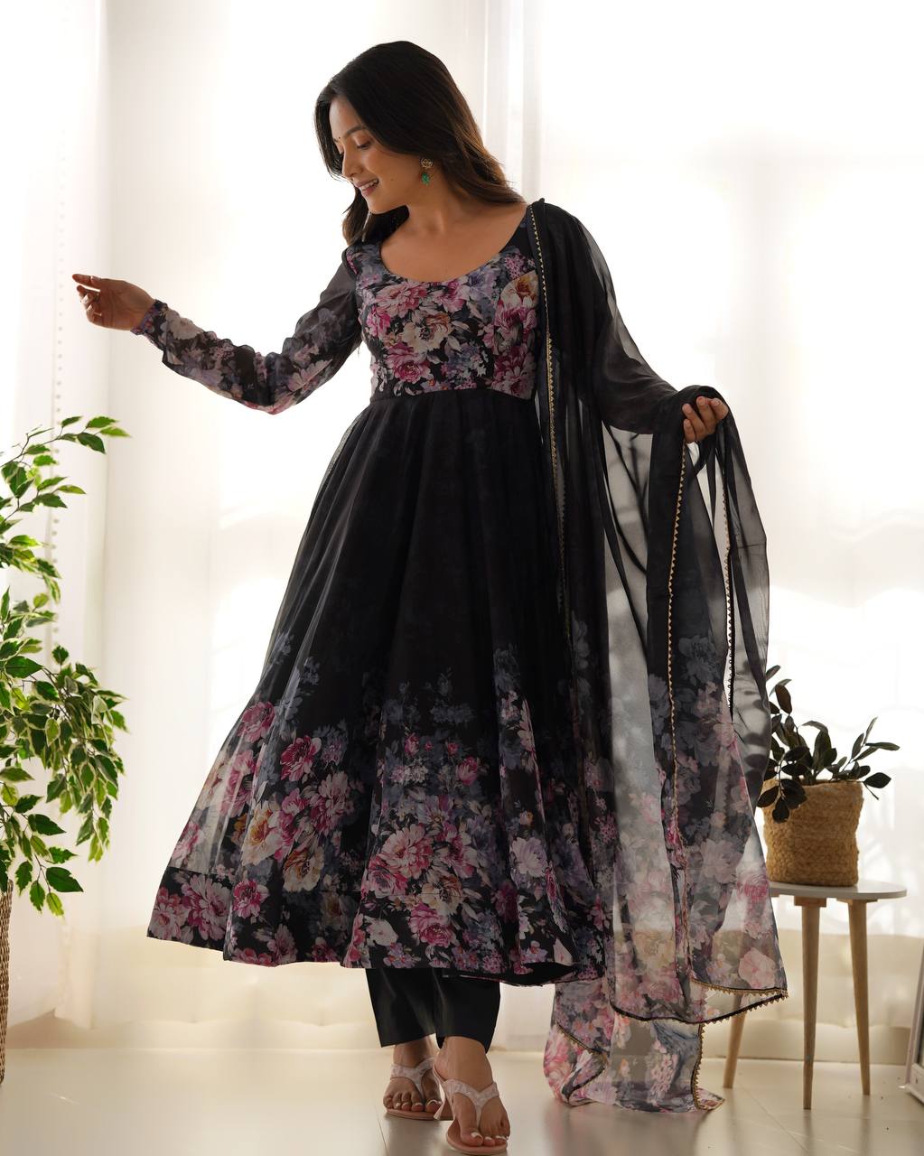 Floral Print Organza Three Piece Anarkali Suit