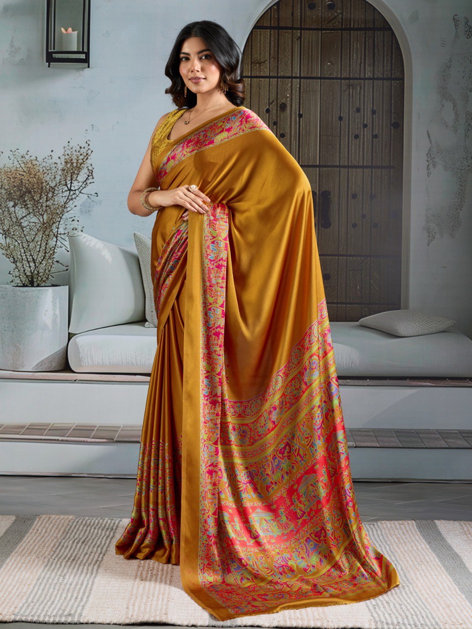 Pure Ajrakh modal satin fabric featuring traditional printed motifs with rich, earthy tones and a soft, breathable feel, perfect for all-day elegance.