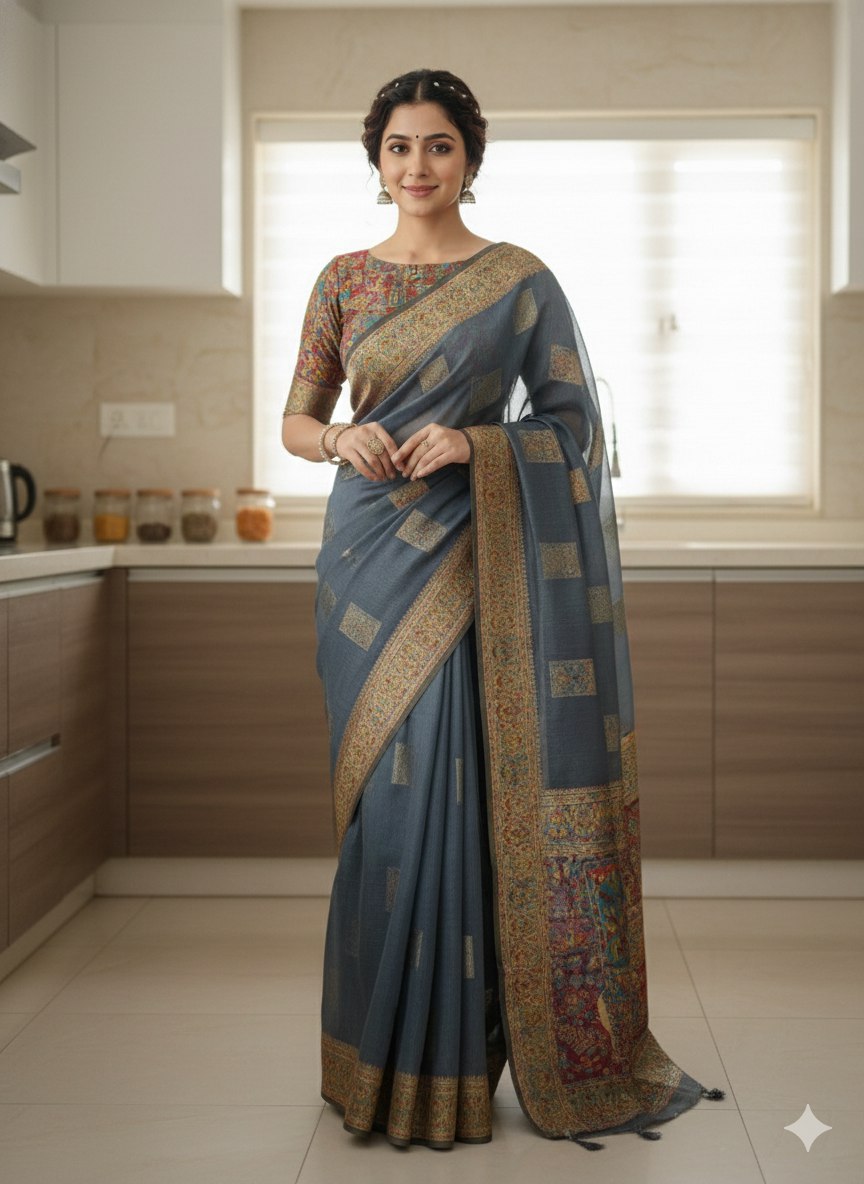 This beautiful Zari work saree gives a perfect look to the outfit