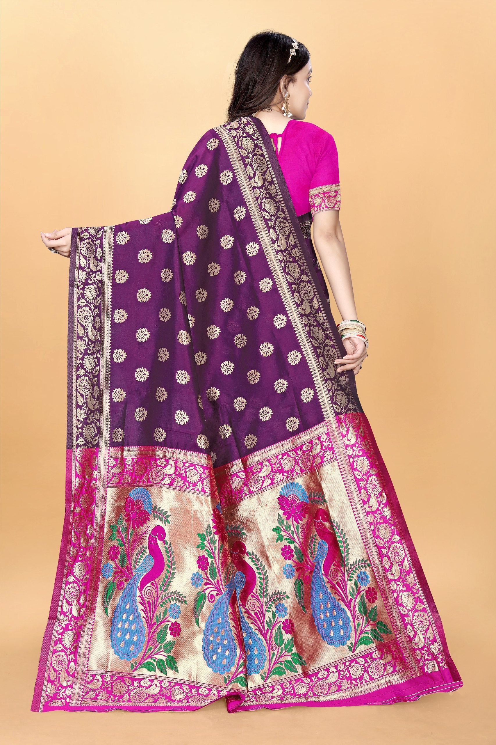 Majestic Banarasi Silk Saree with Dual Peacock Pallu and Zari Detailing