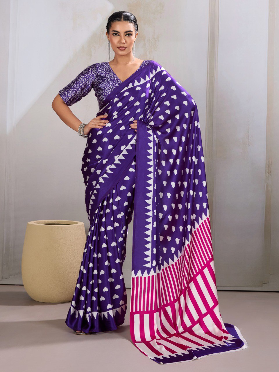 Pure Ajrakh modal satin fabric featuring traditional printed motifs with rich, earthy tones and a soft, breathable feel, perfect for all-day elegance.