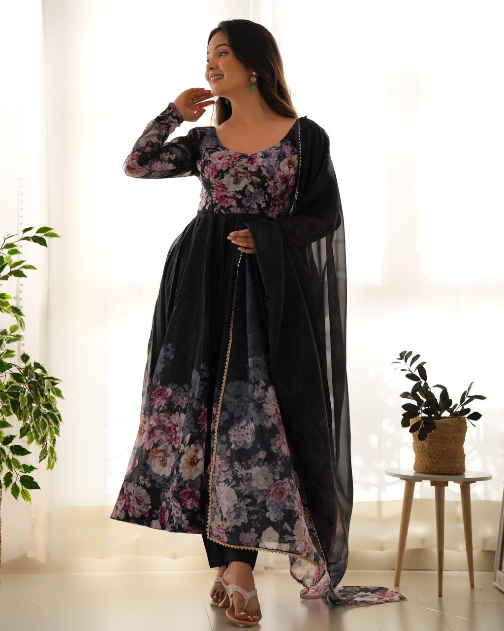 Floral Print Organza Three Piece Anarkali Suit