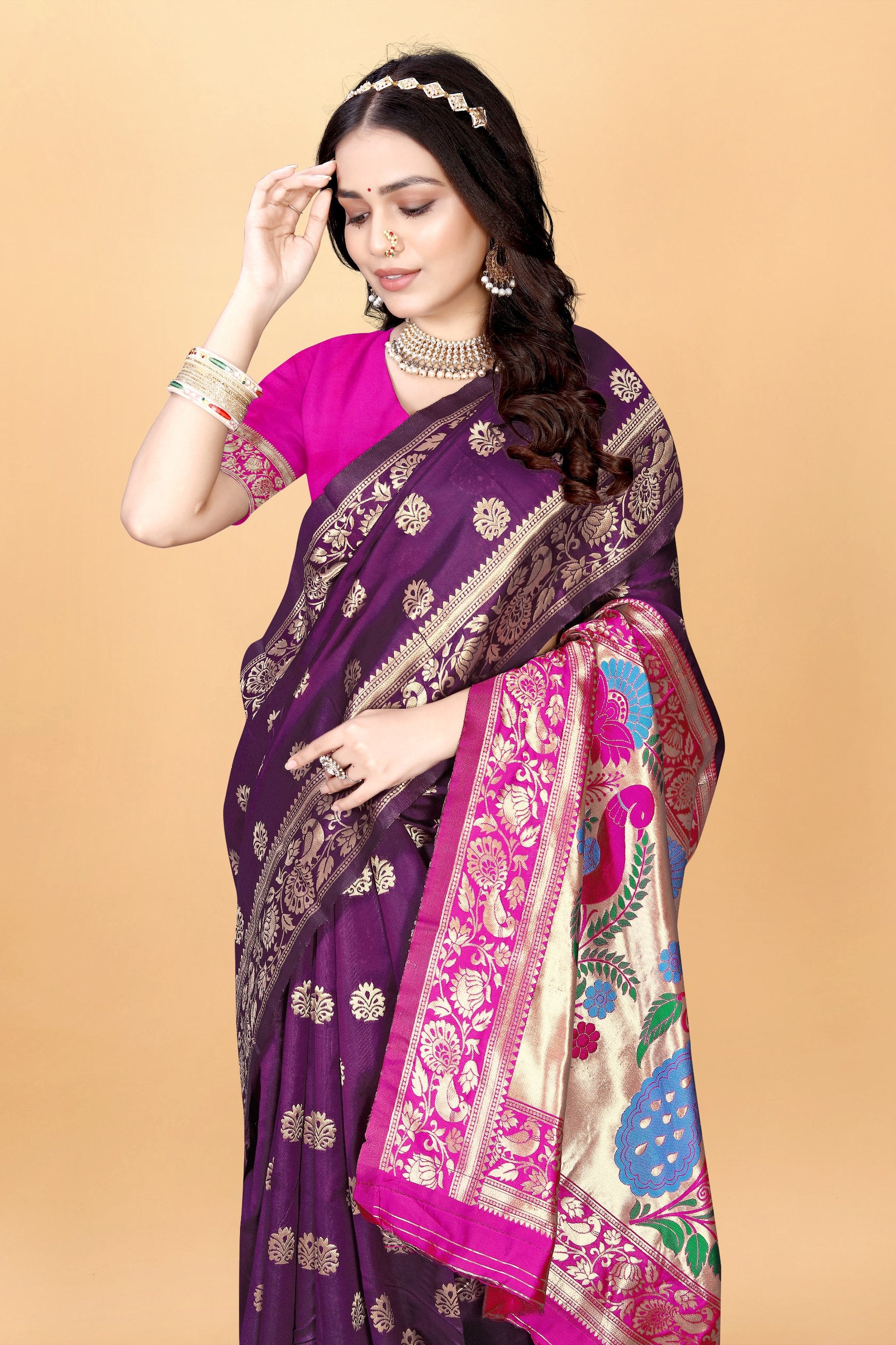 Majestic Banarasi Silk Saree with Dual Peacock Pallu and Zari Detailing