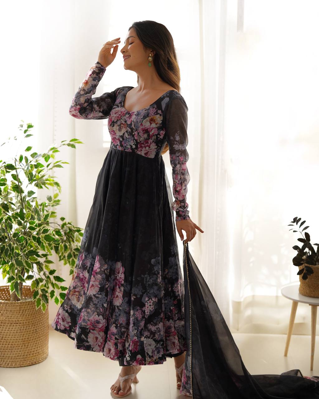 Floral Print Organza Three Piece Anarkali Suit