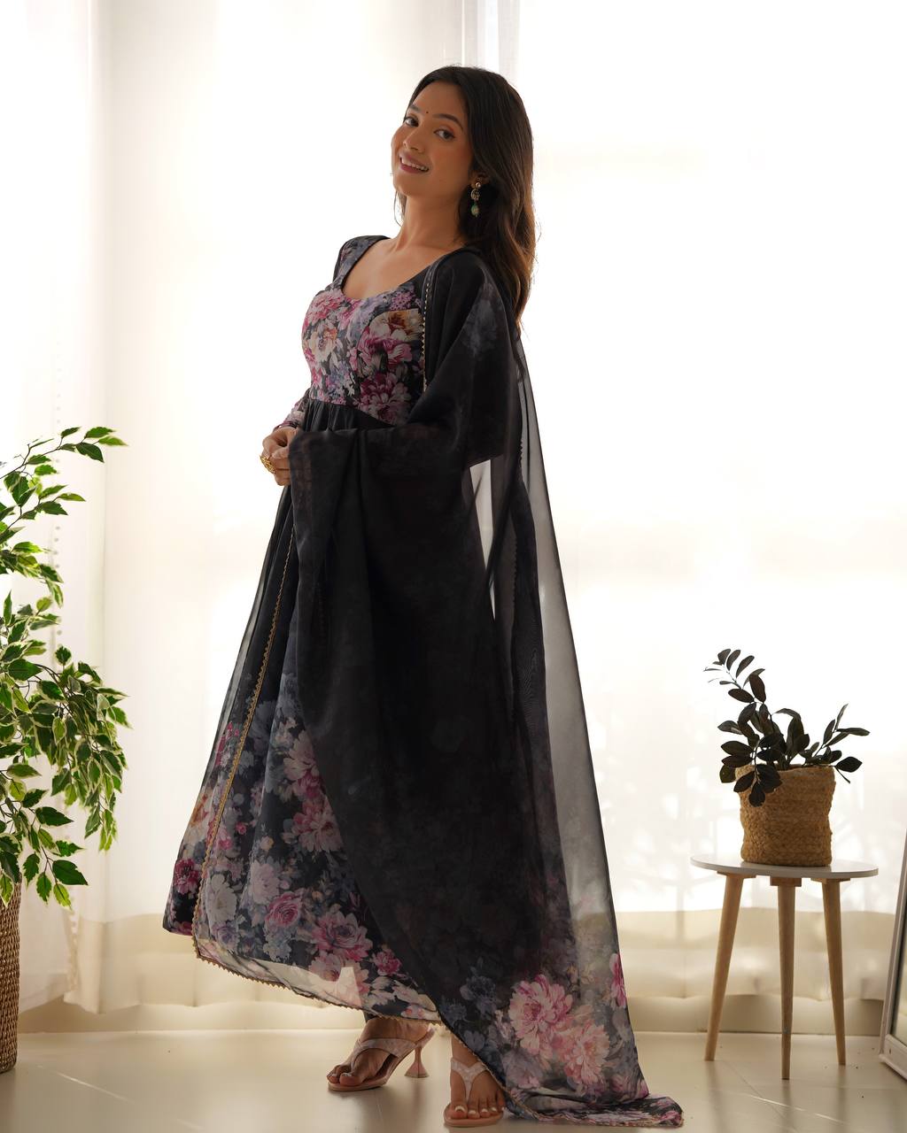 Floral Print Organza Three Piece Anarkali Suit