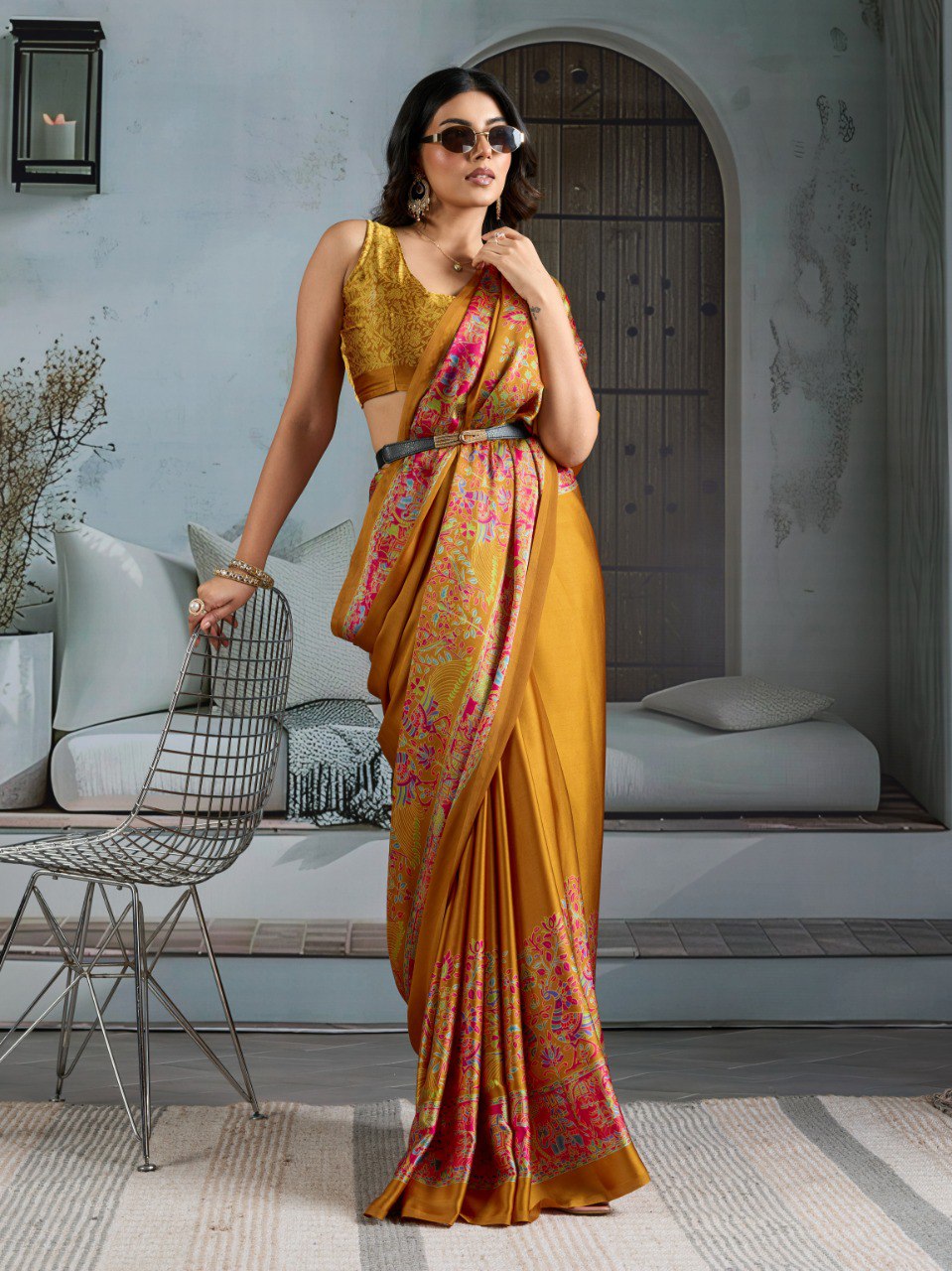 Pure Ajrakh modal satin fabric featuring traditional printed motifs with rich, earthy tones and a soft, breathable feel, perfect for all-day elegance.