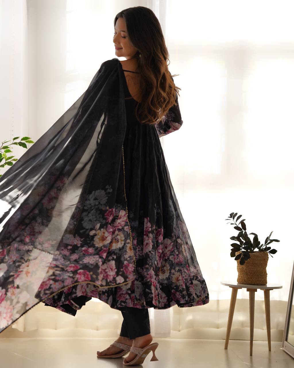 Floral Print Organza Three Piece Anarkali Suit