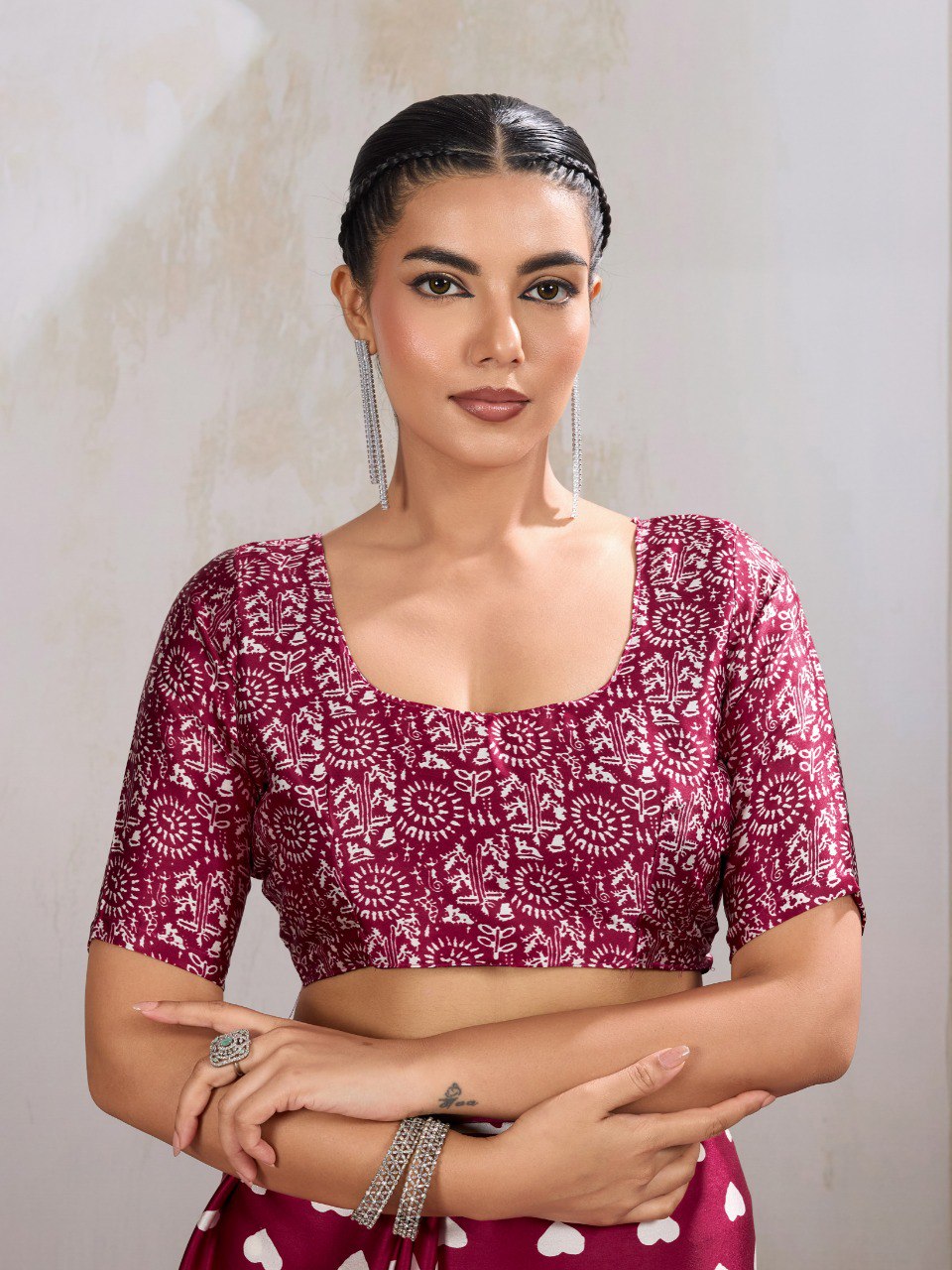 Pure Ajrakh modal satin fabric featuring traditional printed motifs with rich, earthy tones and a soft, breathable feel, perfect for all-day elegance.
