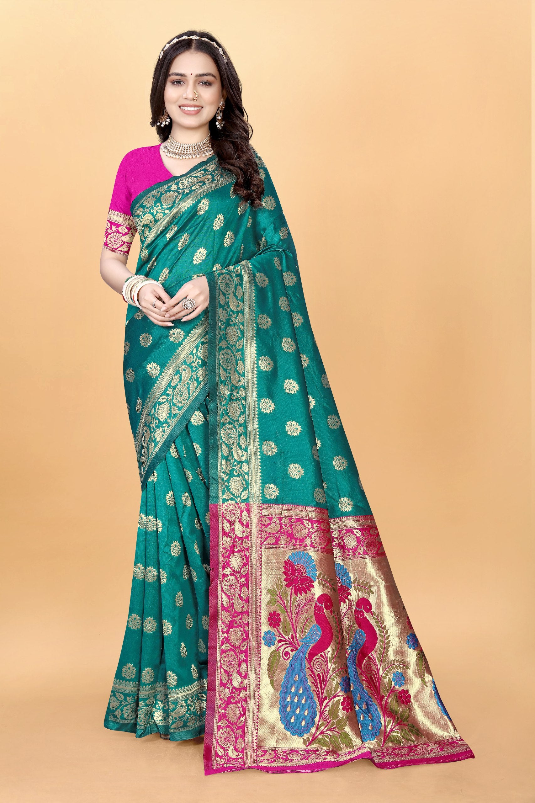 Majestic Banarasi Silk Saree with Dual Peacock Pallu and Zari Detailing