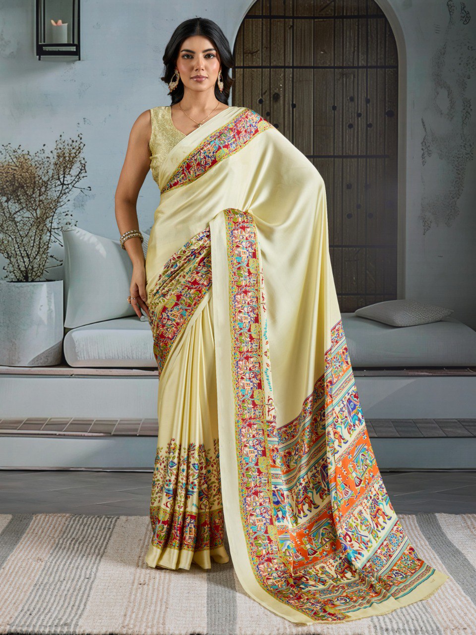 Pure Ajrakh modal satin fabric featuring traditional printed motifs with rich, earthy tones and a soft, breathable feel, perfect for all-day elegance.