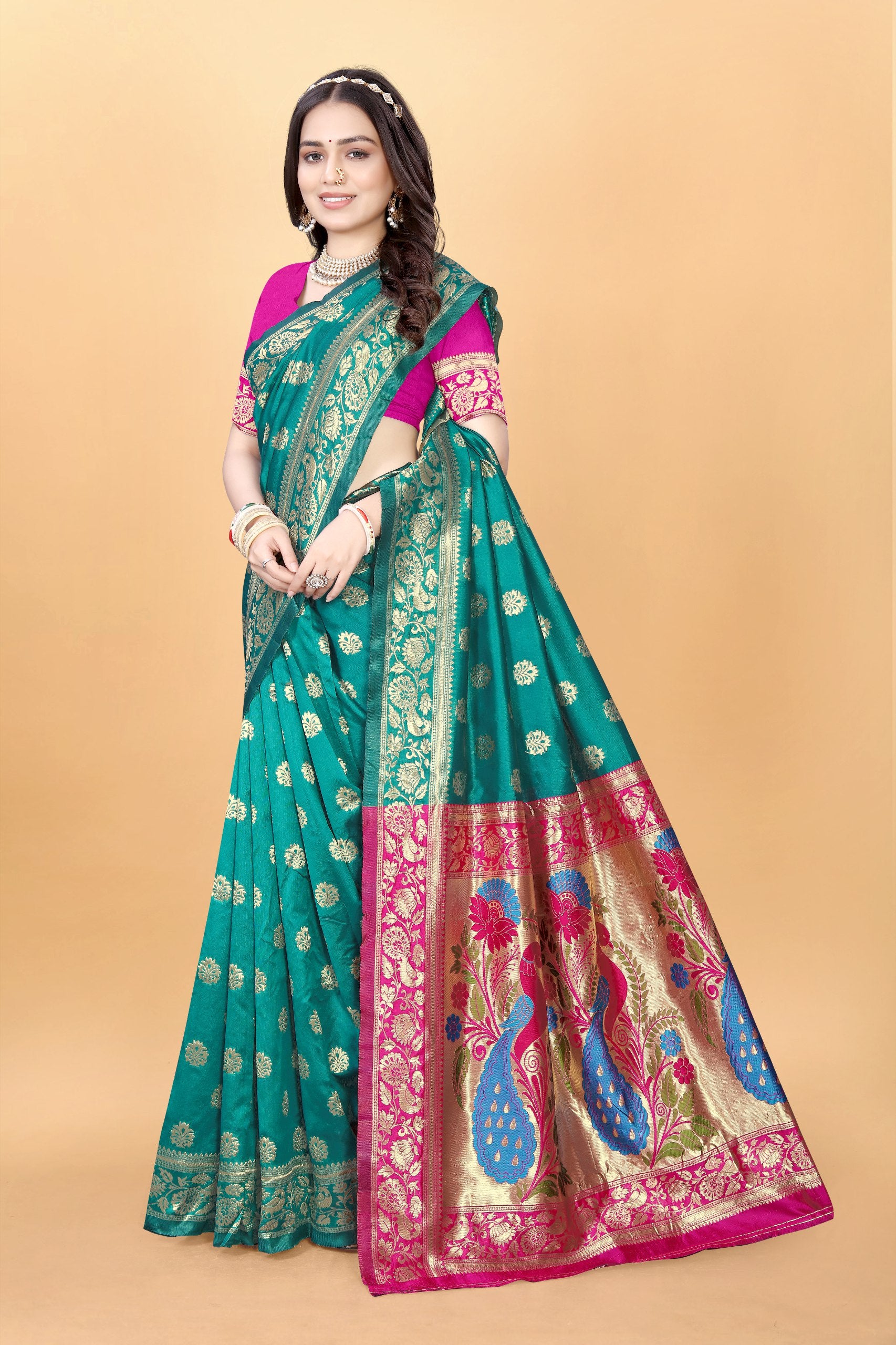Majestic Banarasi Silk Saree with Dual Peacock Pallu and Zari Detailing