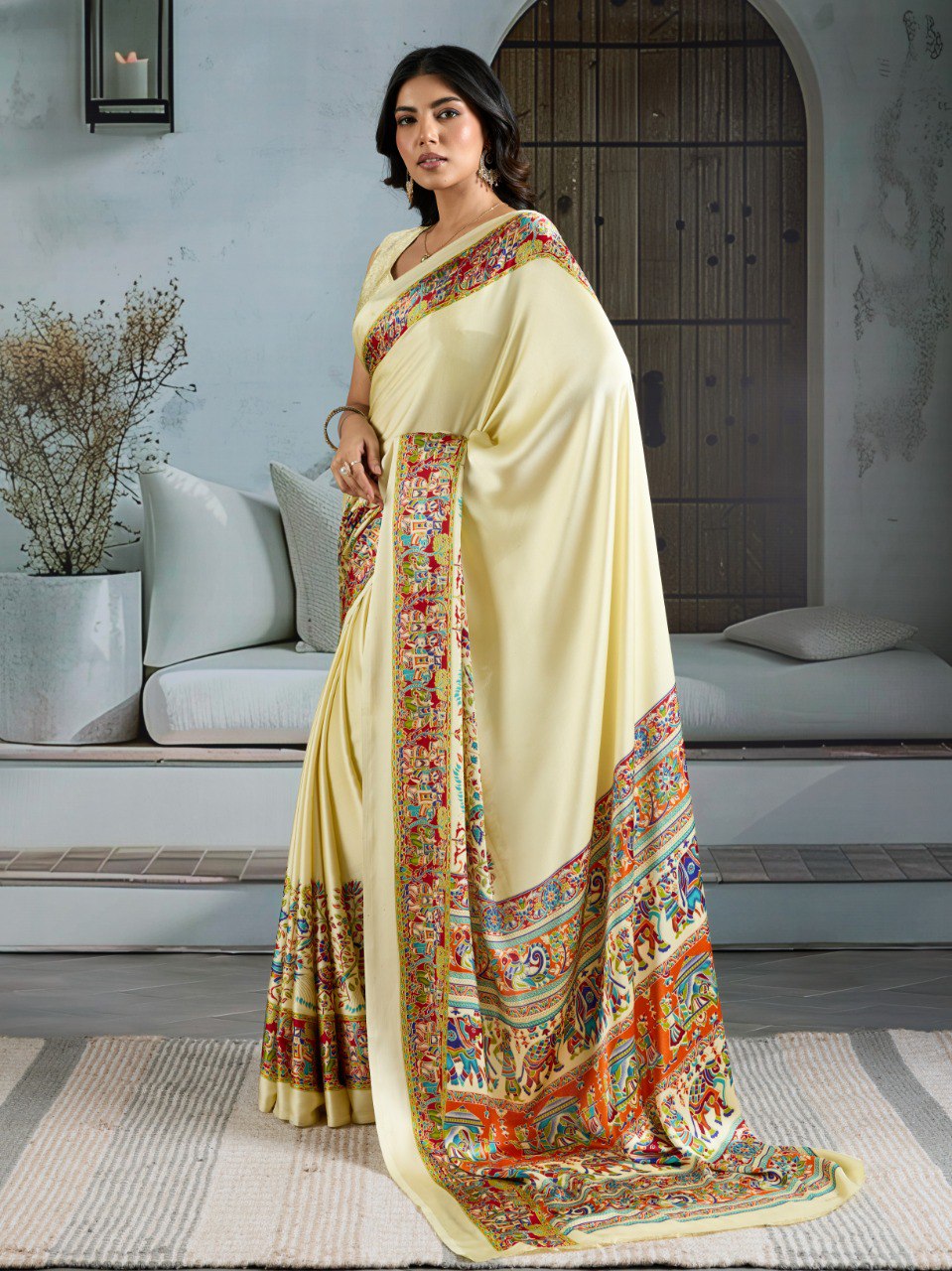 Pure Ajrakh modal satin fabric featuring traditional printed motifs with rich, earthy tones and a soft, breathable feel, perfect for all-day elegance.