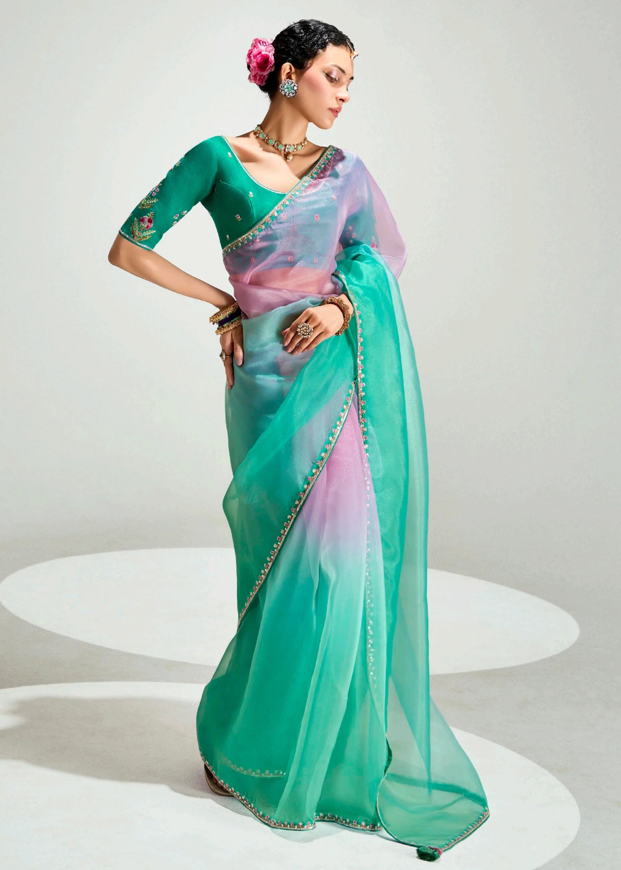 Launching new amazing  Designer Tissue Saree With Embroidered Blouse