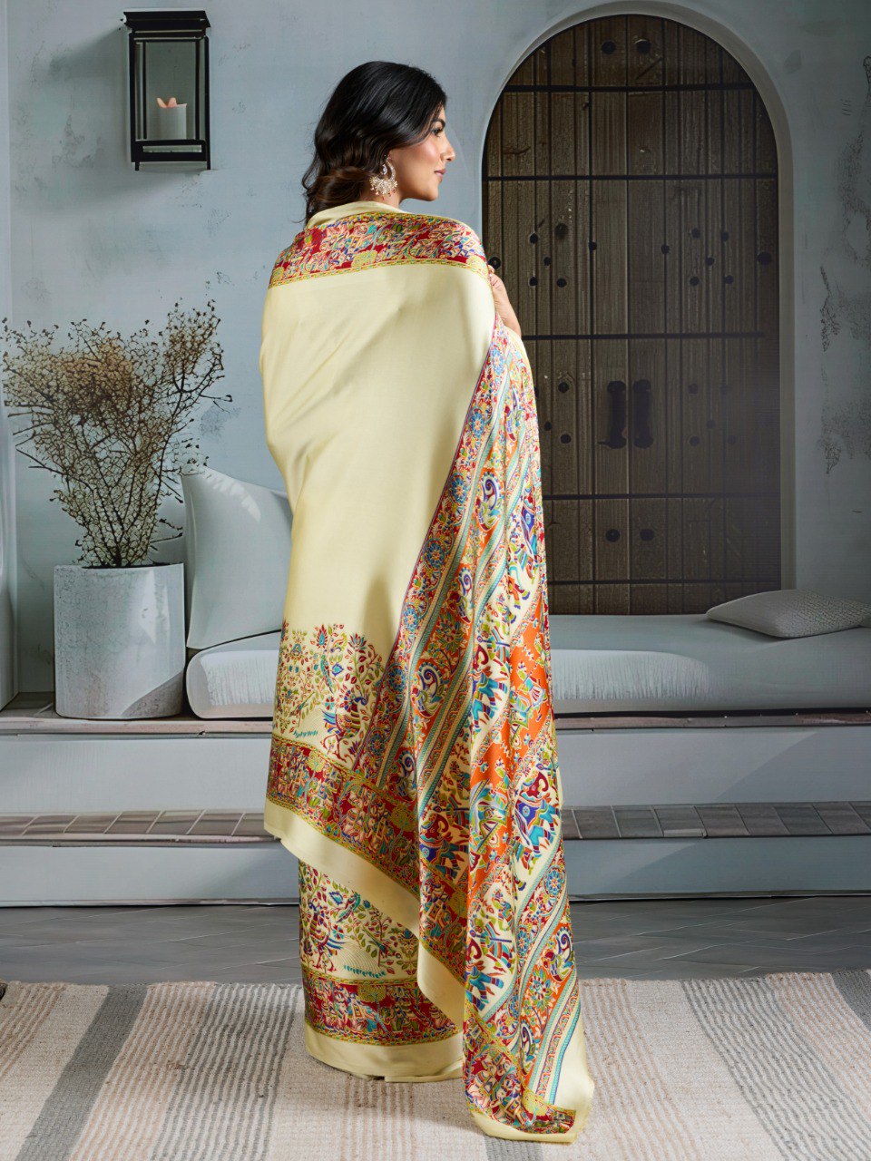Pure Ajrakh modal satin fabric featuring traditional printed motifs with rich, earthy tones and a soft, breathable feel, perfect for all-day elegance.