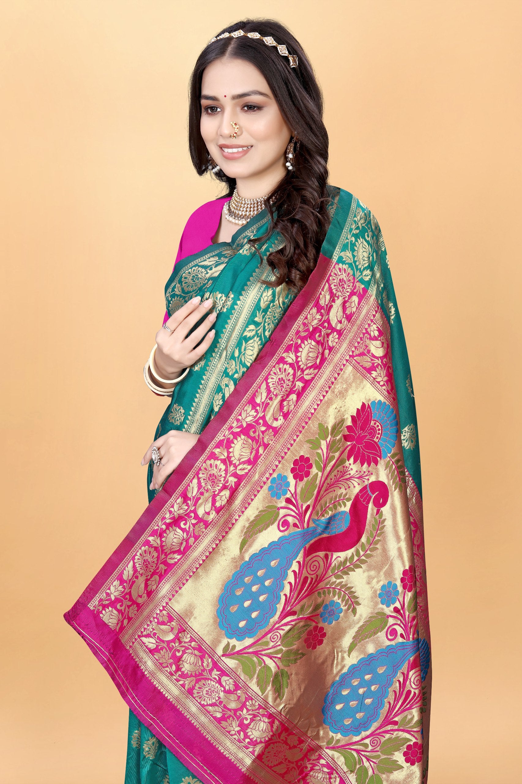 Majestic Banarasi Silk Saree with Dual Peacock Pallu and Zari Detailing