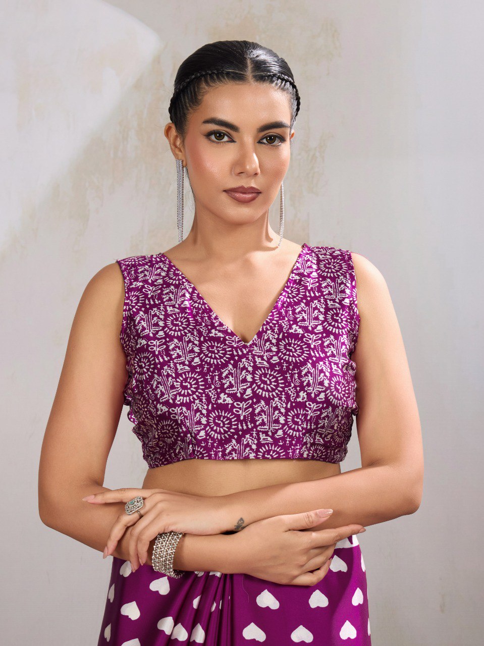 Pure Ajrakh modal satin fabric featuring traditional printed motifs with rich, earthy tones and a soft, breathable feel, perfect for all-day elegance.