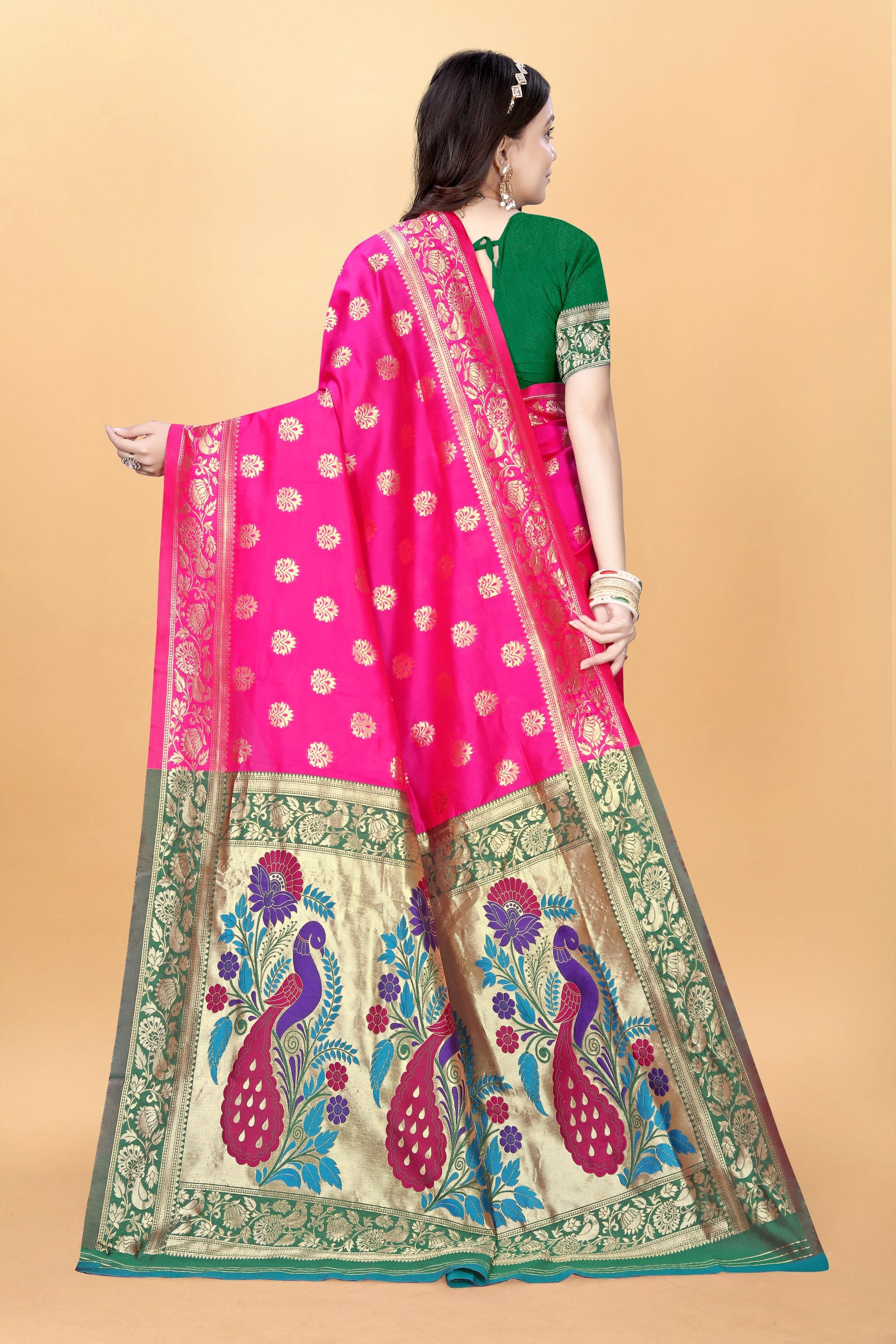 Majestic Banarasi Silk Saree with Dual Peacock Pallu and Zari Detailing