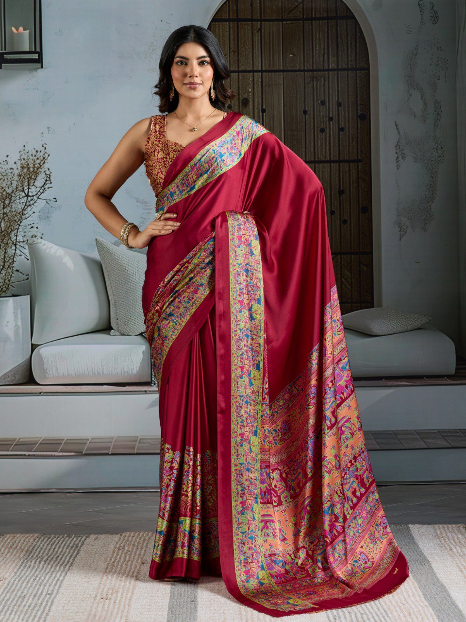 Pure Ajrakh modal satin fabric featuring traditional printed motifs with rich, earthy tones and a soft, breathable feel, perfect for all-day elegance.