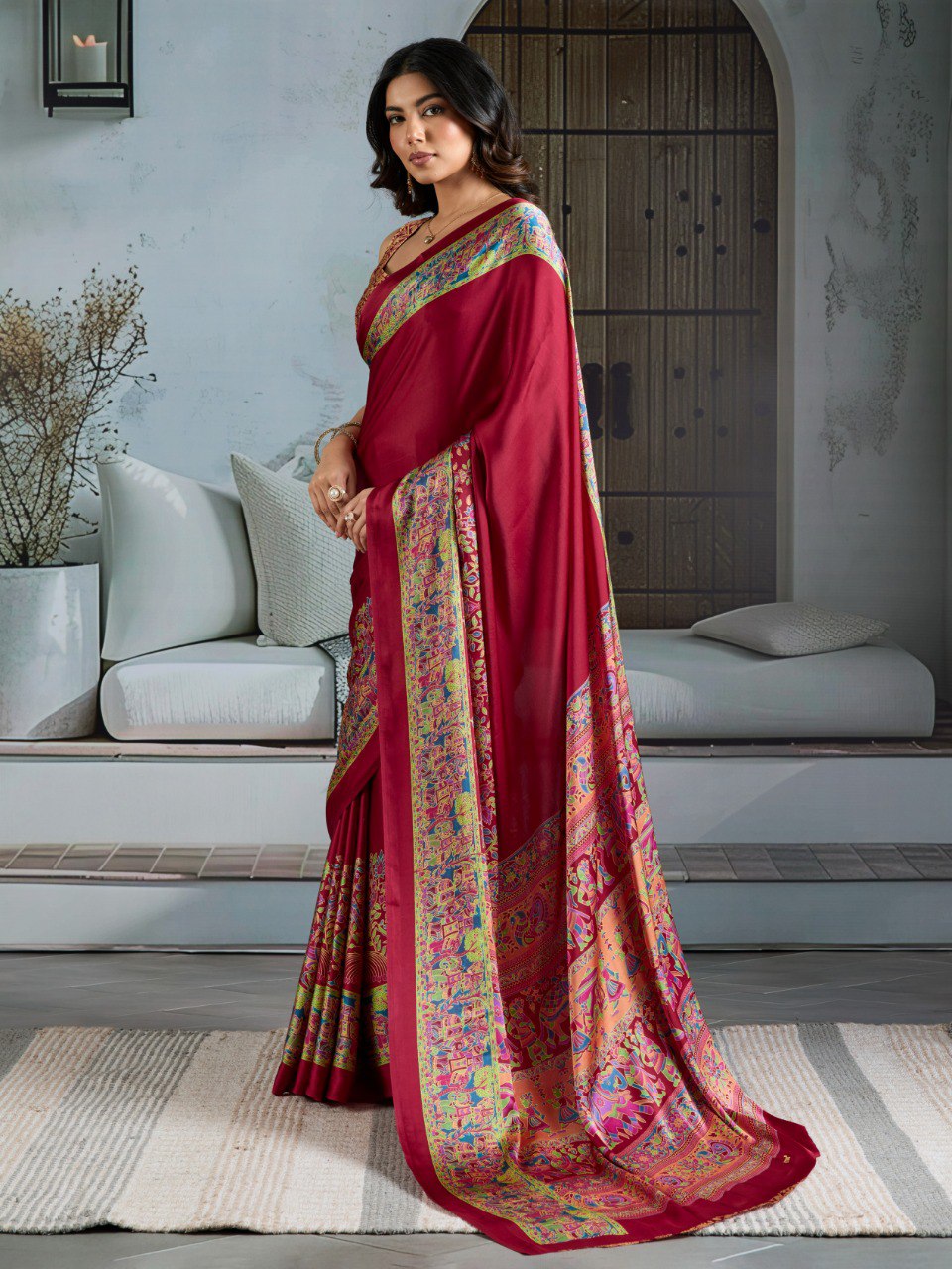 Pure Ajrakh modal satin fabric featuring traditional printed motifs with rich, earthy tones and a soft, breathable feel, perfect for all-day elegance.