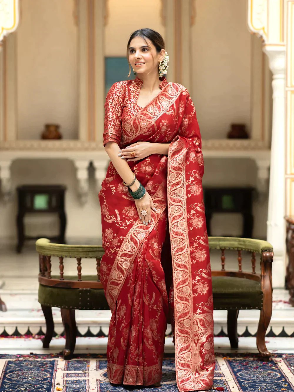 The richly crafted border and opulent pallu showcase traditional Banarasi Silk sarees