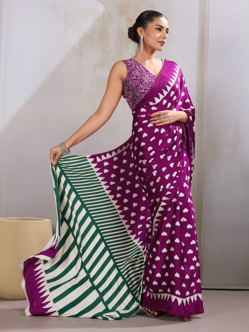 Pure Ajrakh modal satin fabric featuring traditional printed motifs with rich, earthy tones and a soft, breathable feel, perfect for all-day elegance.