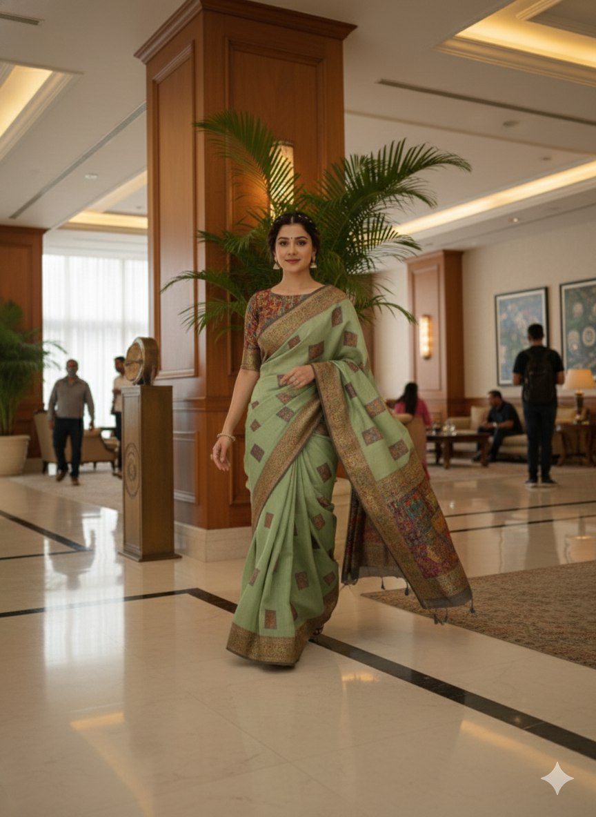 This beautiful Zari work saree gives a perfect look to the outfit