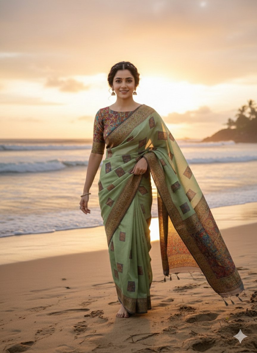 This beautiful Zari work saree gives a perfect look to the outfit