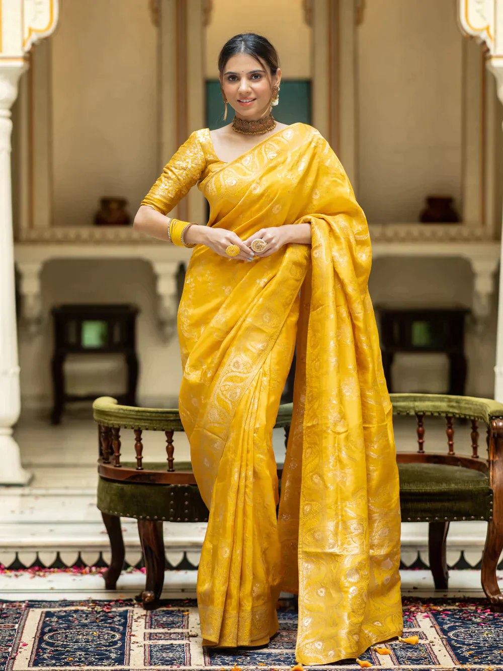 The richly crafted border and opulent pallu showcase traditional Banarasi Silk sarees