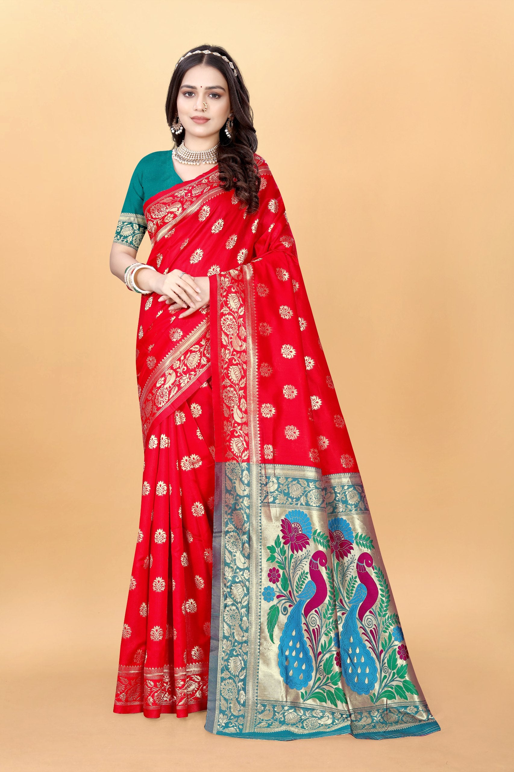 Majestic Banarasi Silk Saree with Dual Peacock Pallu and Zari Detailing