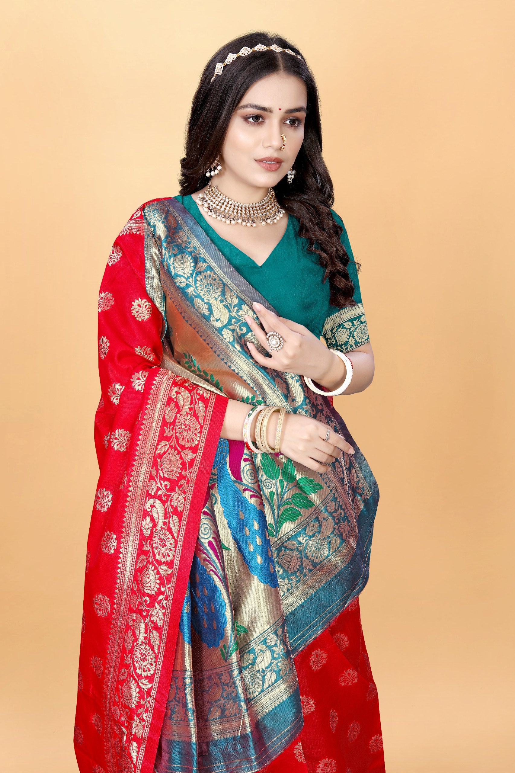 Majestic Banarasi Silk Saree with Dual Peacock Pallu and Zari Detailing