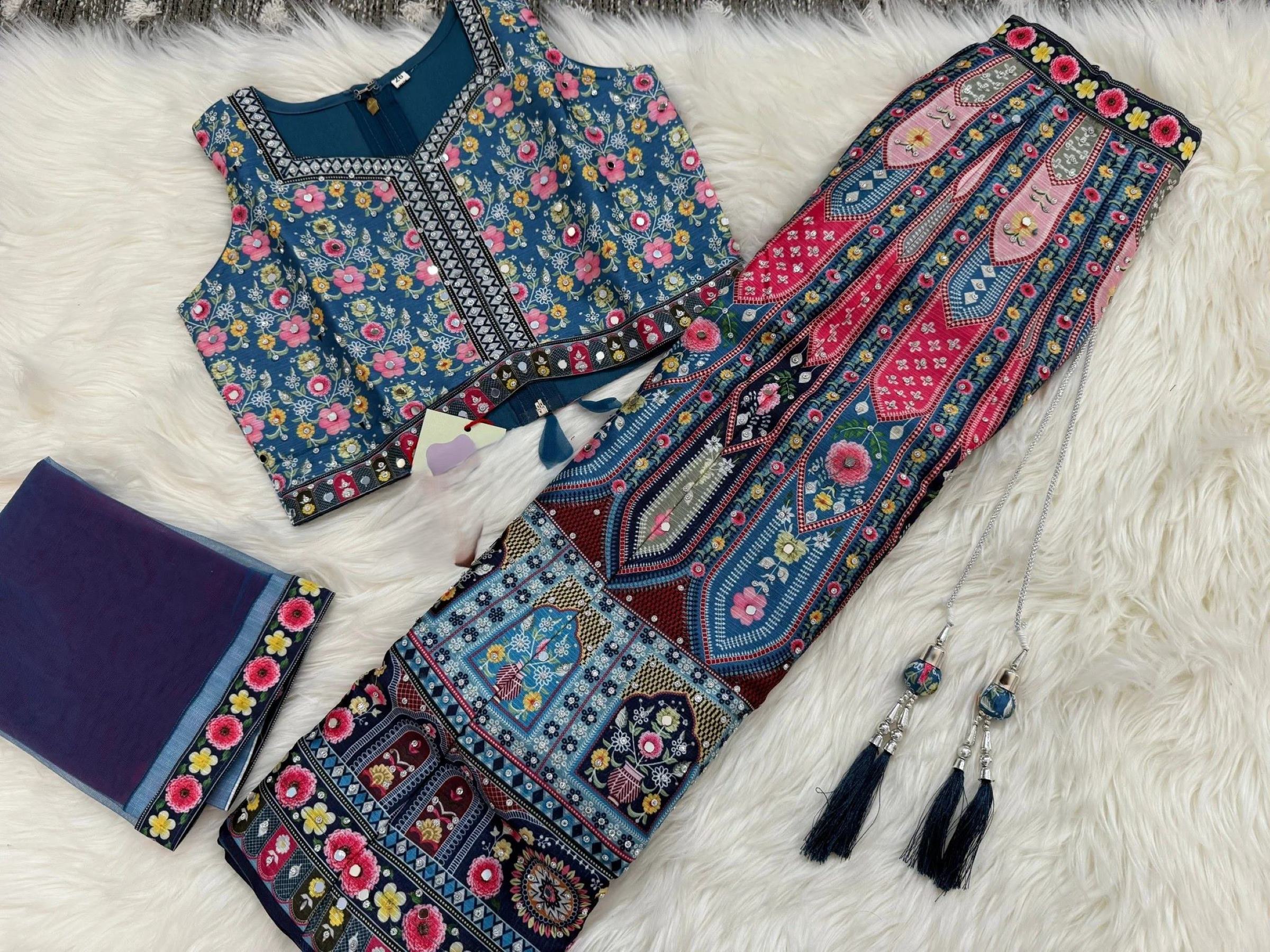 Multicolor Mirror Work And Printed Lehenga Choli Set For Girls