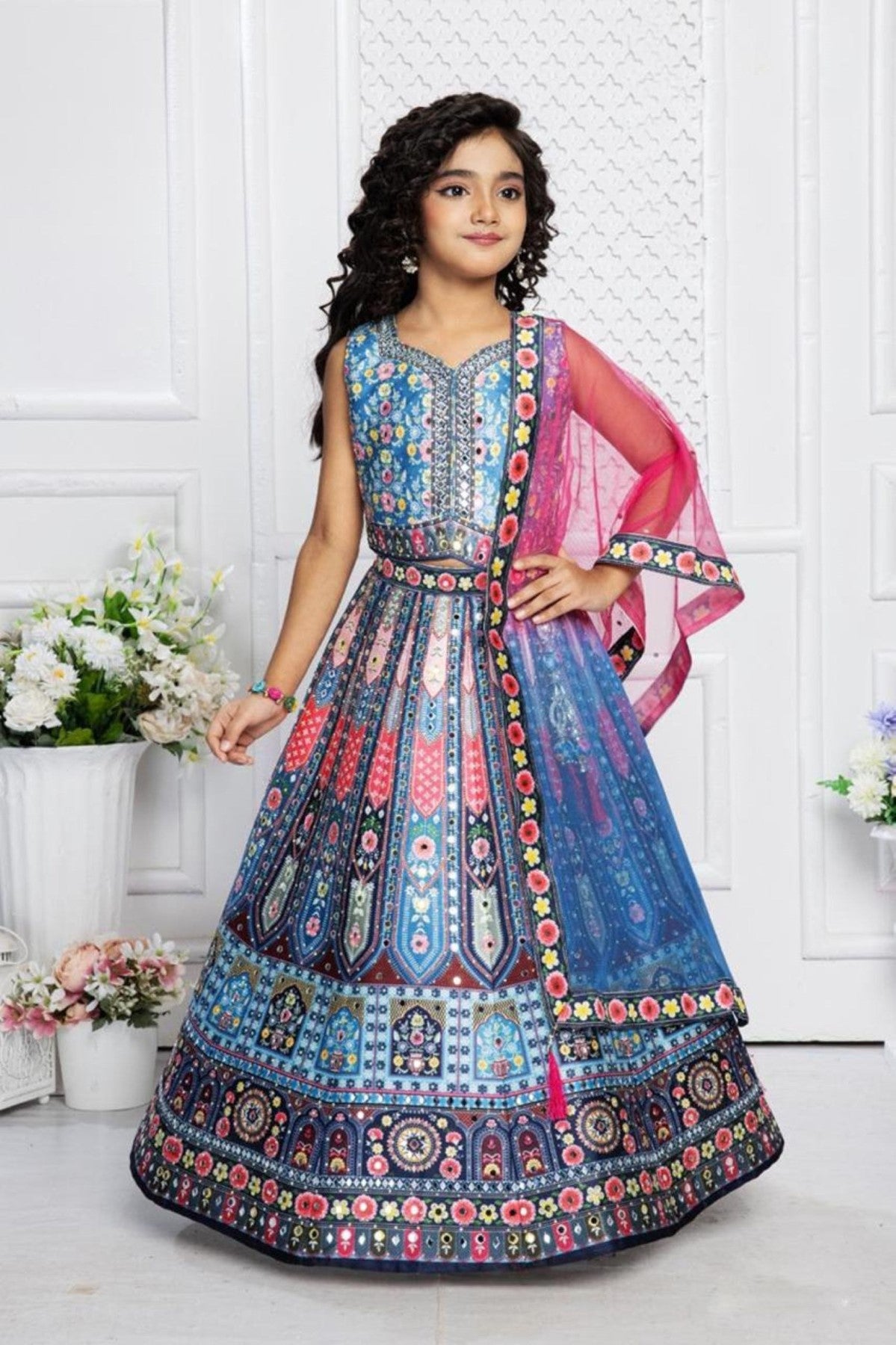 Multicolor Mirror Work And Printed Lehenga Choli Set For Girls