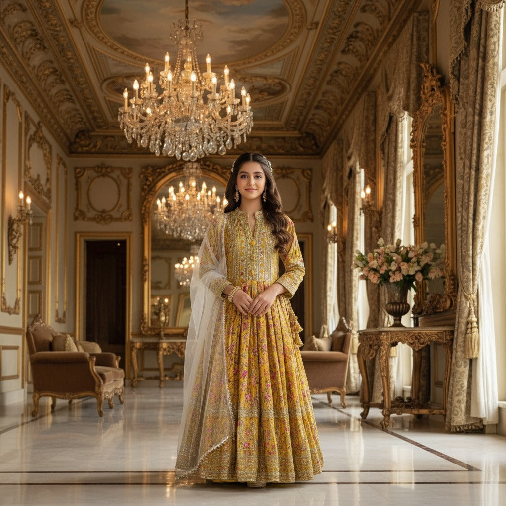 kidswear hit design presenting heavy fox georgette gown with digital print work with embroidered sequnce