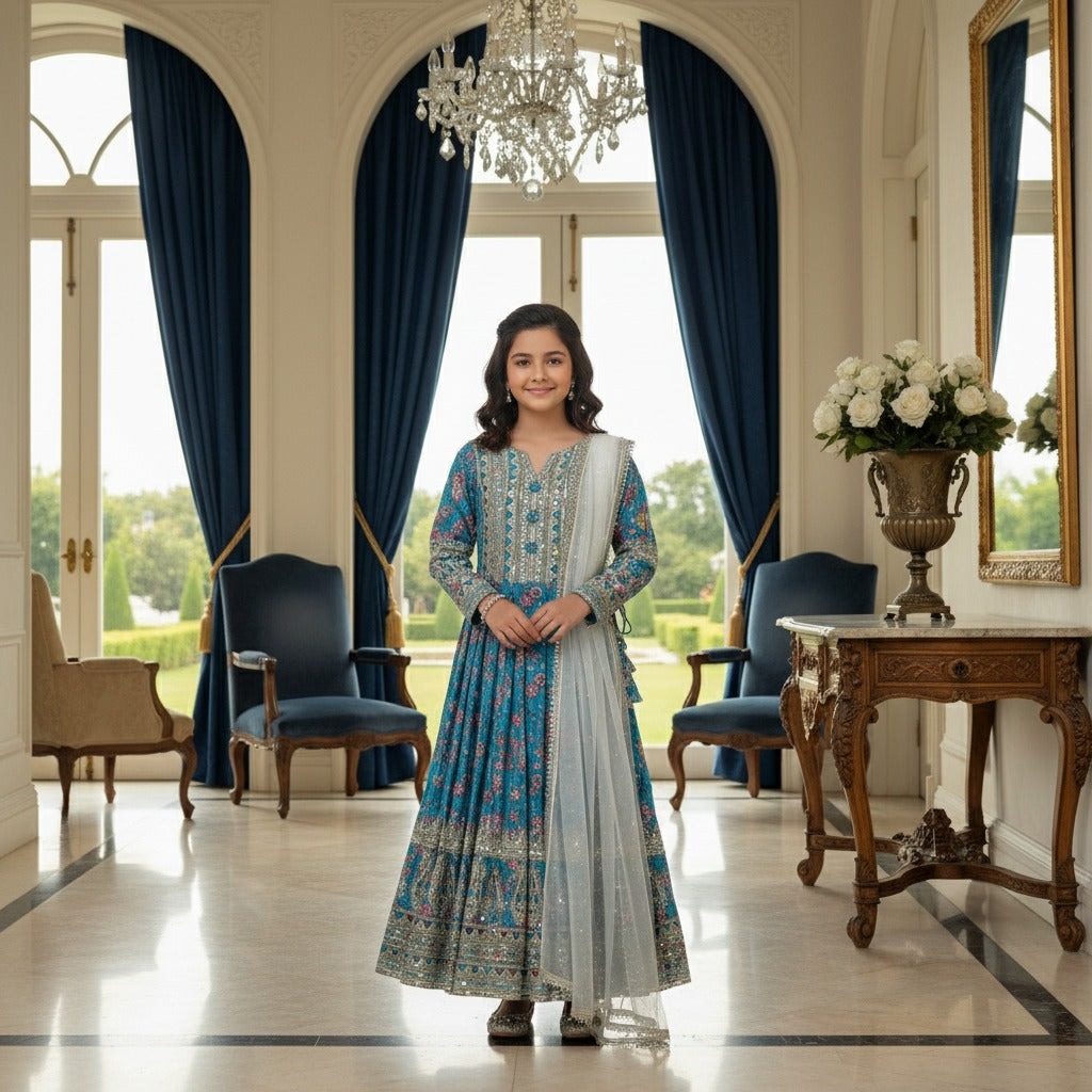 kidswear hit design presenting heavy fox georgette gown with digital print work with embroidered sequnce