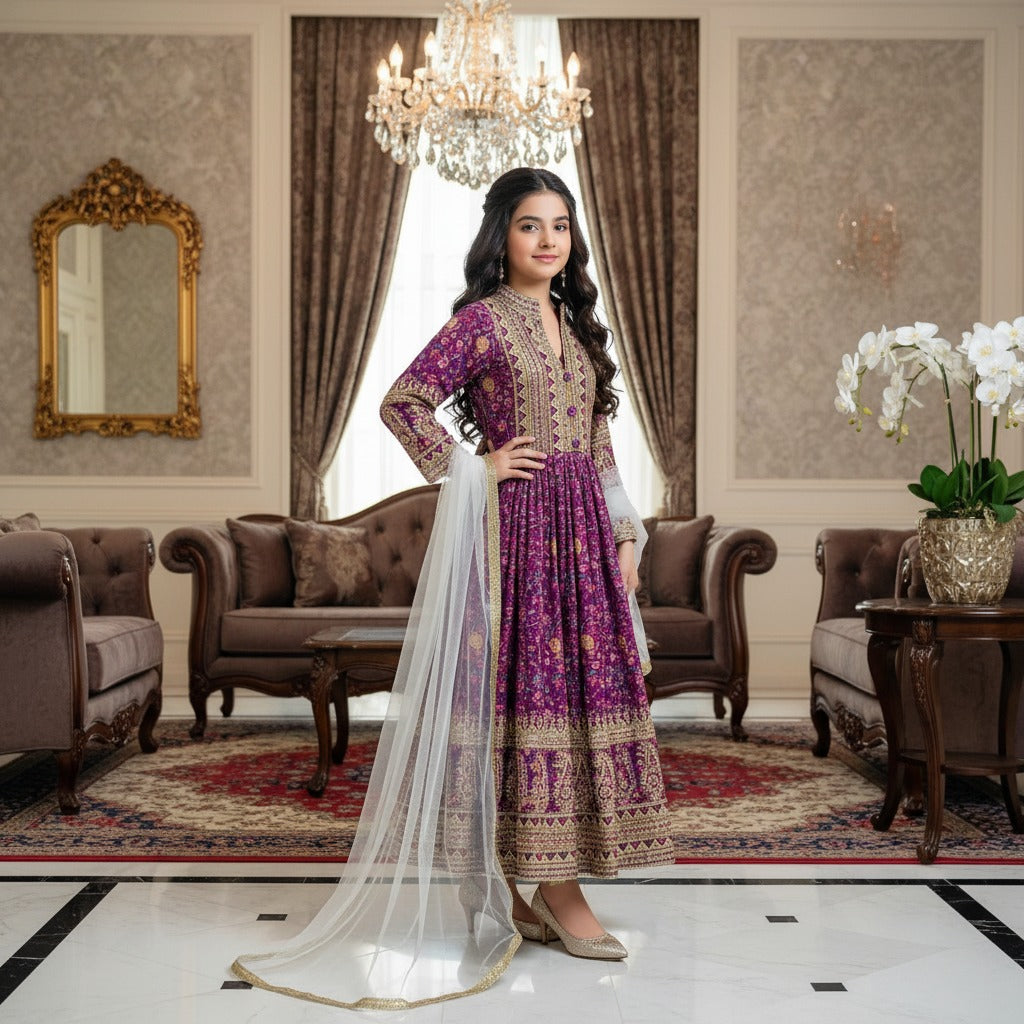 kidswear hit design presenting heavy fox georgette gown with digital print work with embroidered sequnce