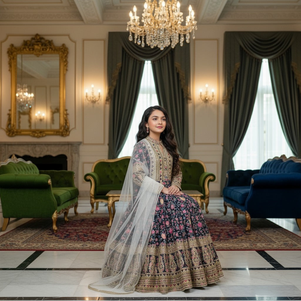 kidswear hit design presenting heavy fox georgette gown with digital print work with embroidered sequnce