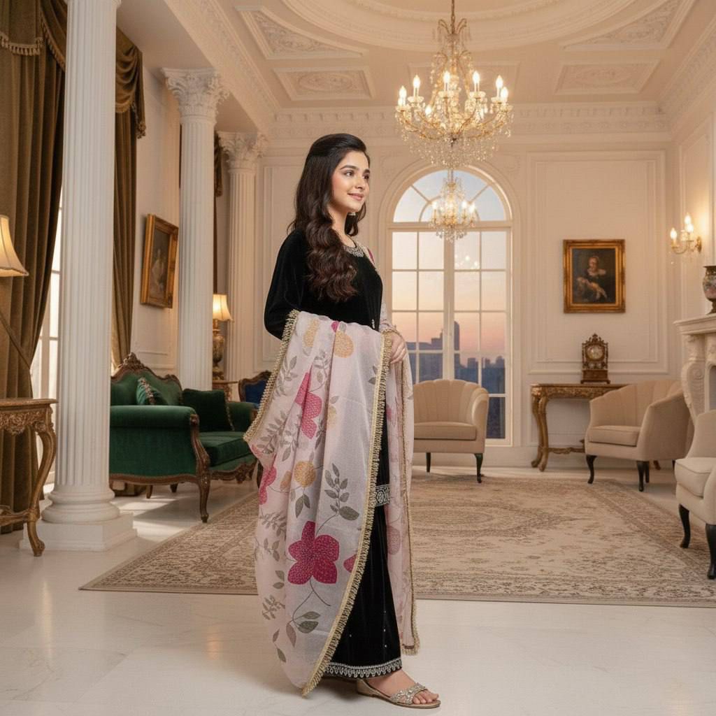 Fabulous Velvet Embroidered Sharara Set with Printed Organza Dupatta for Kids Wear