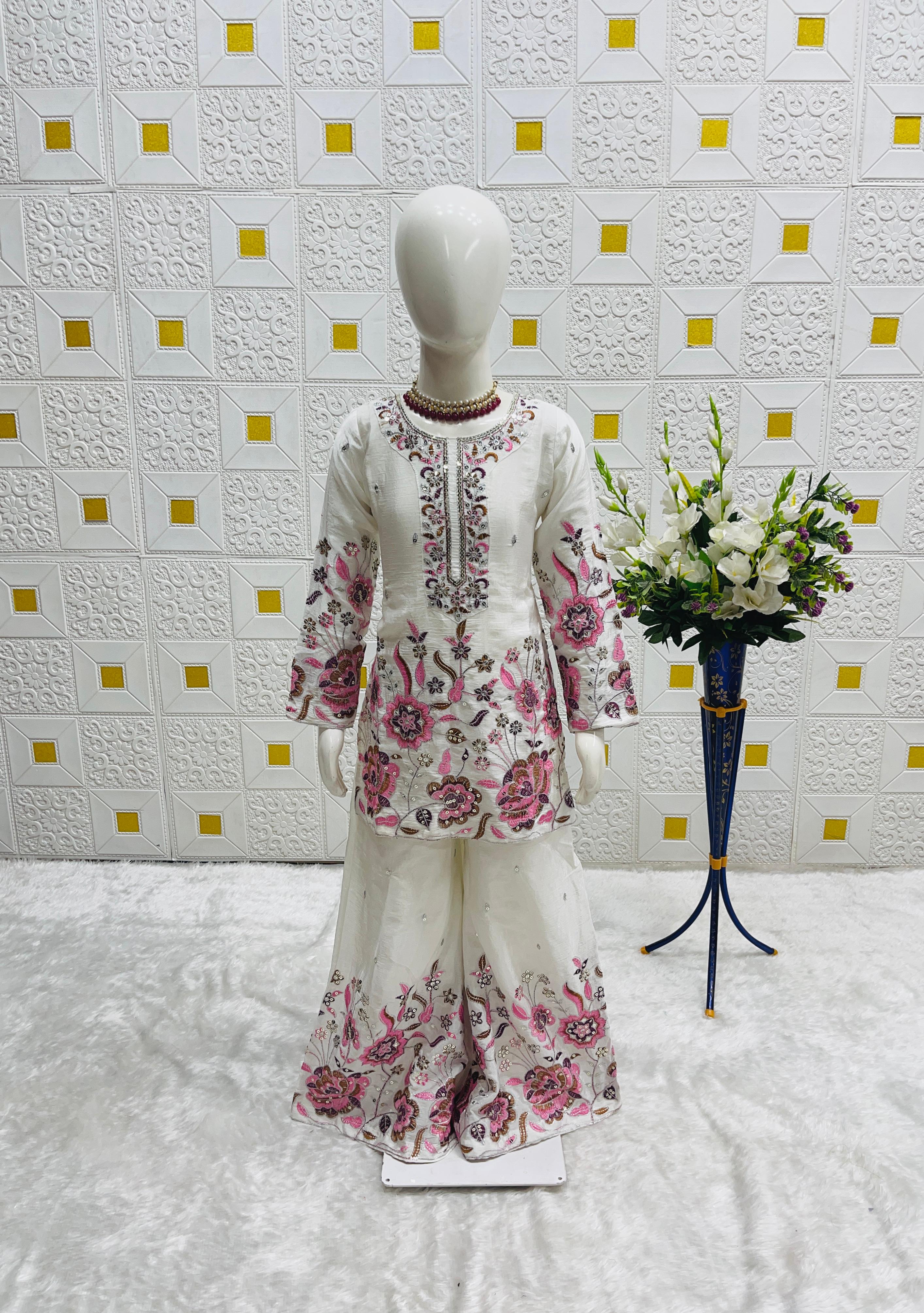 Stylish Embroidered White and Black Color Ready To Wear Sharara Suit