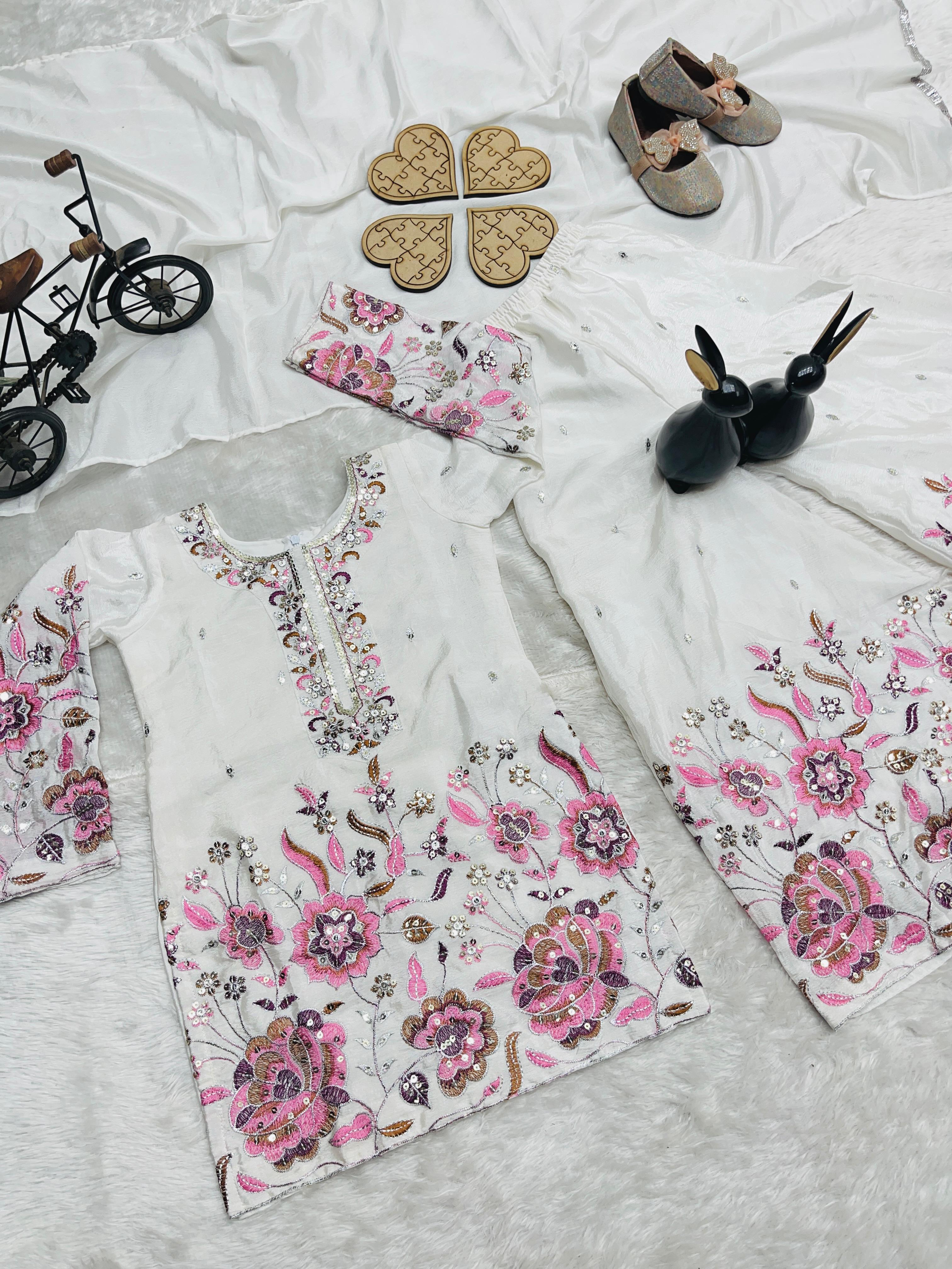 Stylish Embroidered White and Black Color Ready To Wear Sharara Suit