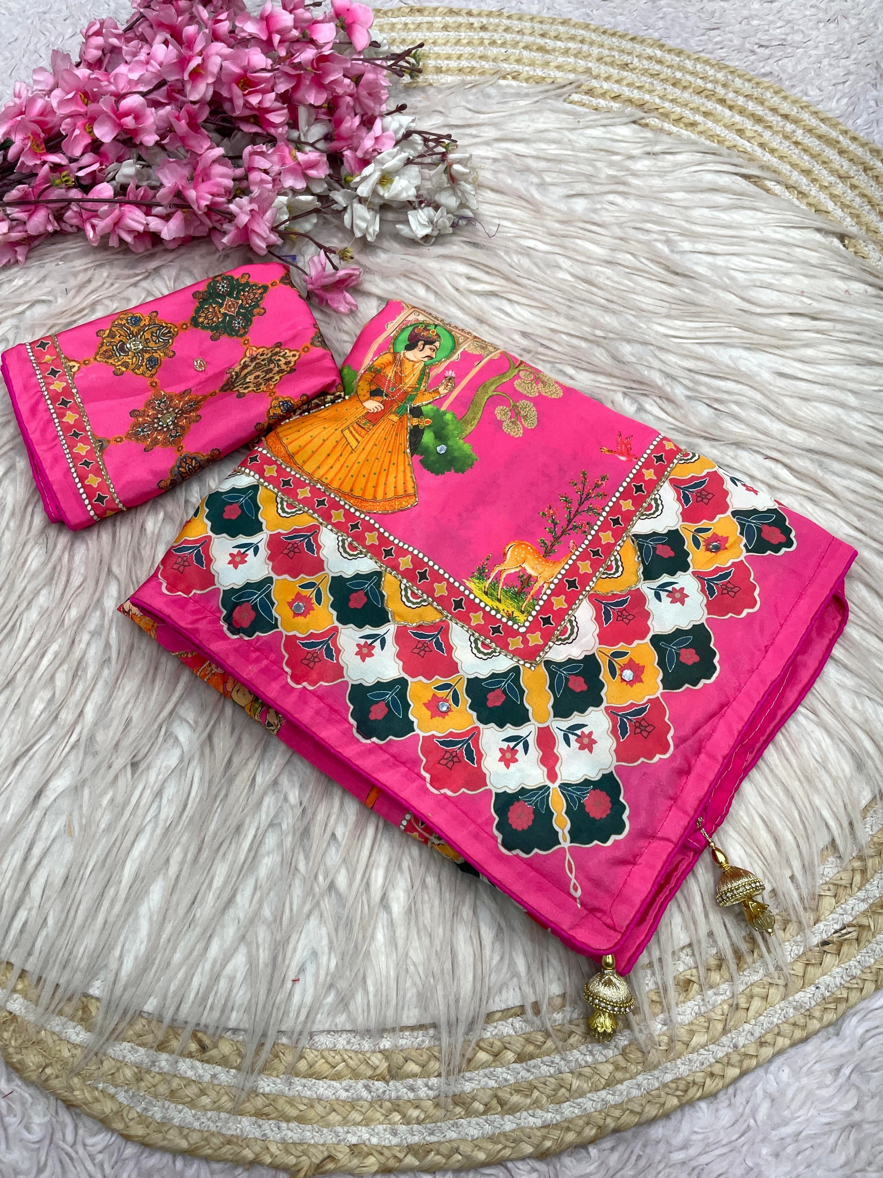 These Bollywood-style satin silk sarees feature vibrant Pichwai digital prints and  handwork