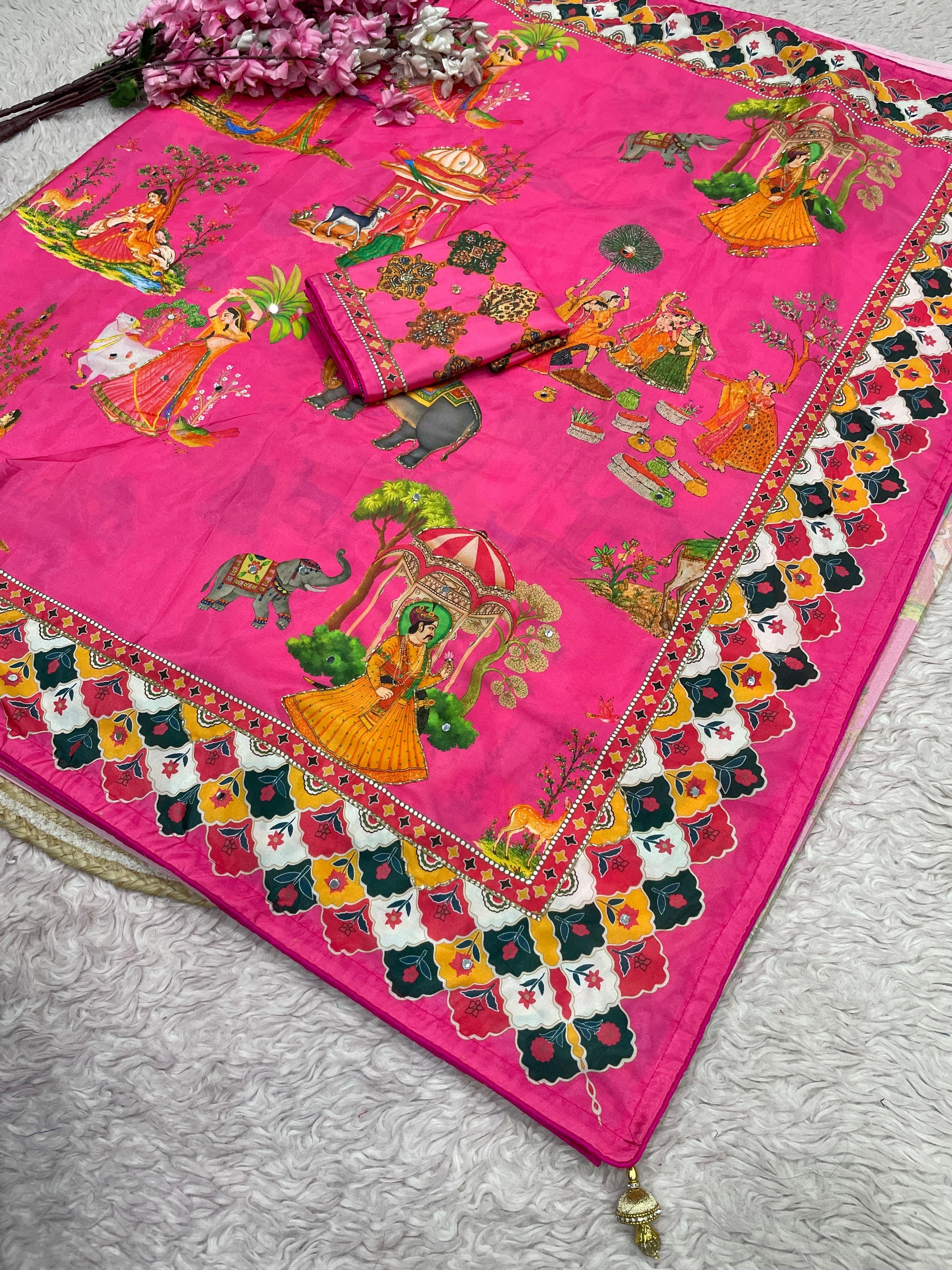 These Bollywood-style satin silk sarees feature vibrant Pichwai digital prints and  handwork