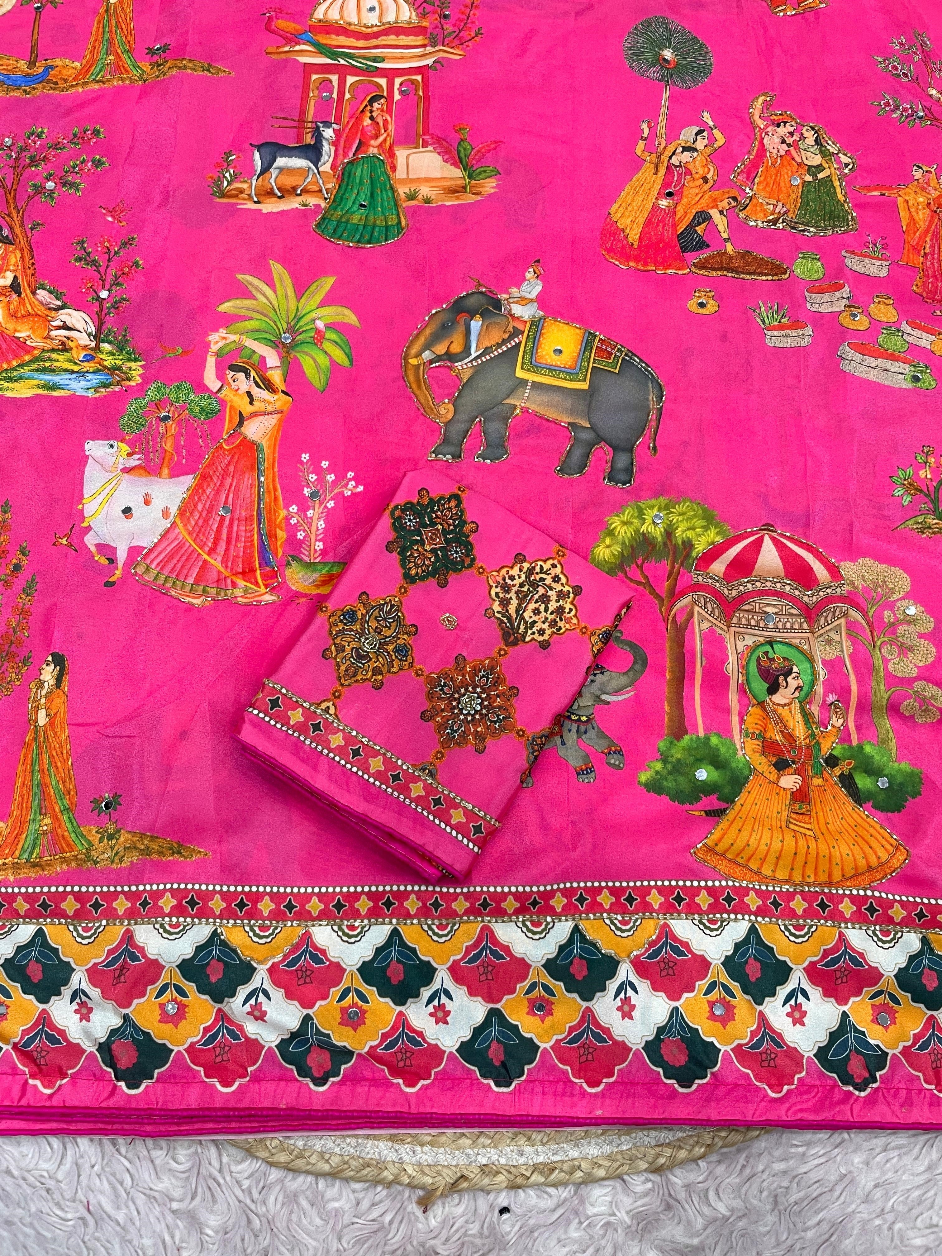 These Bollywood-style satin silk sarees feature vibrant Pichwai digital prints and  handwork