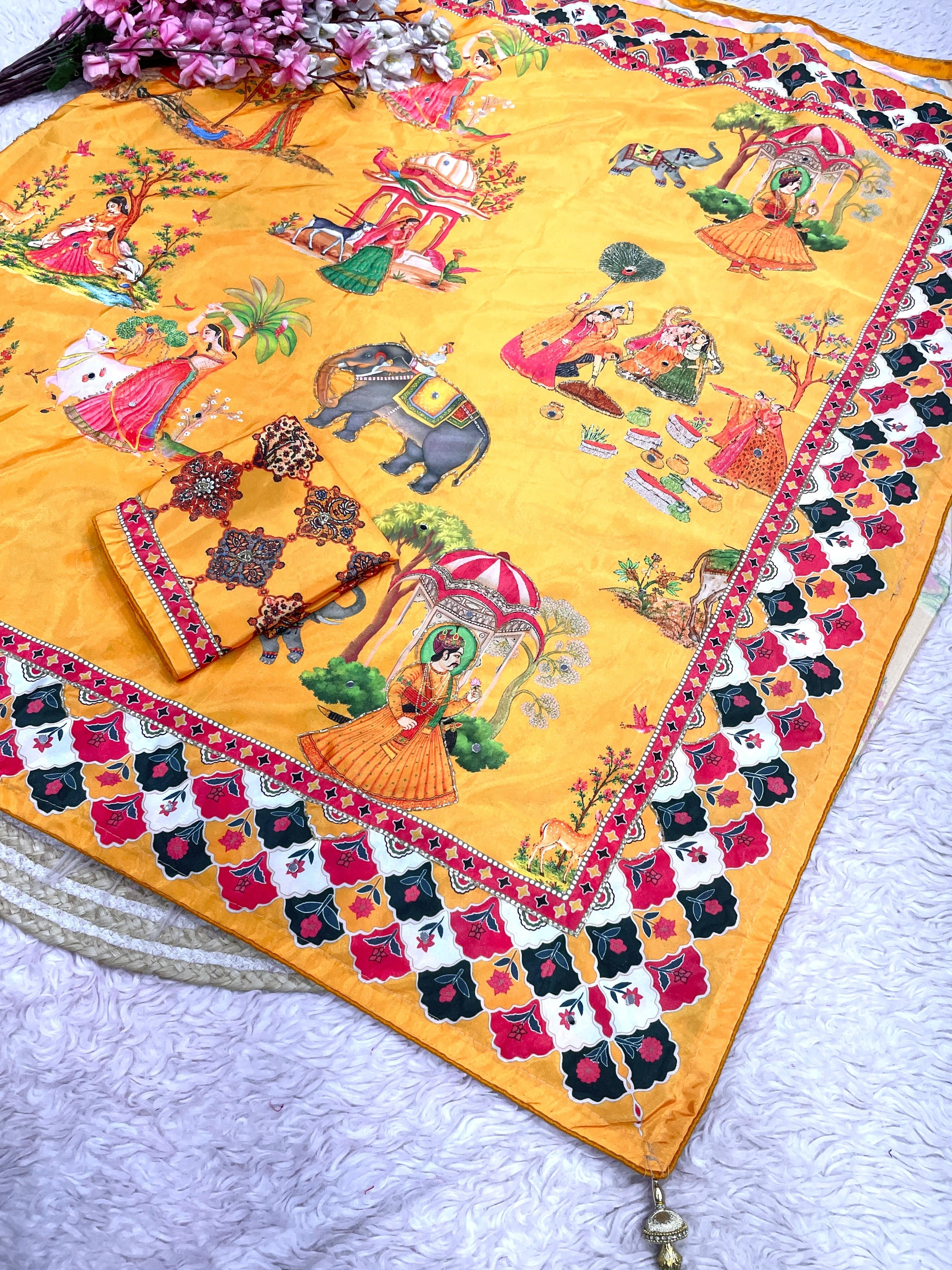 These Bollywood-style satin silk sarees feature vibrant Pichwai digital prints and  handwork