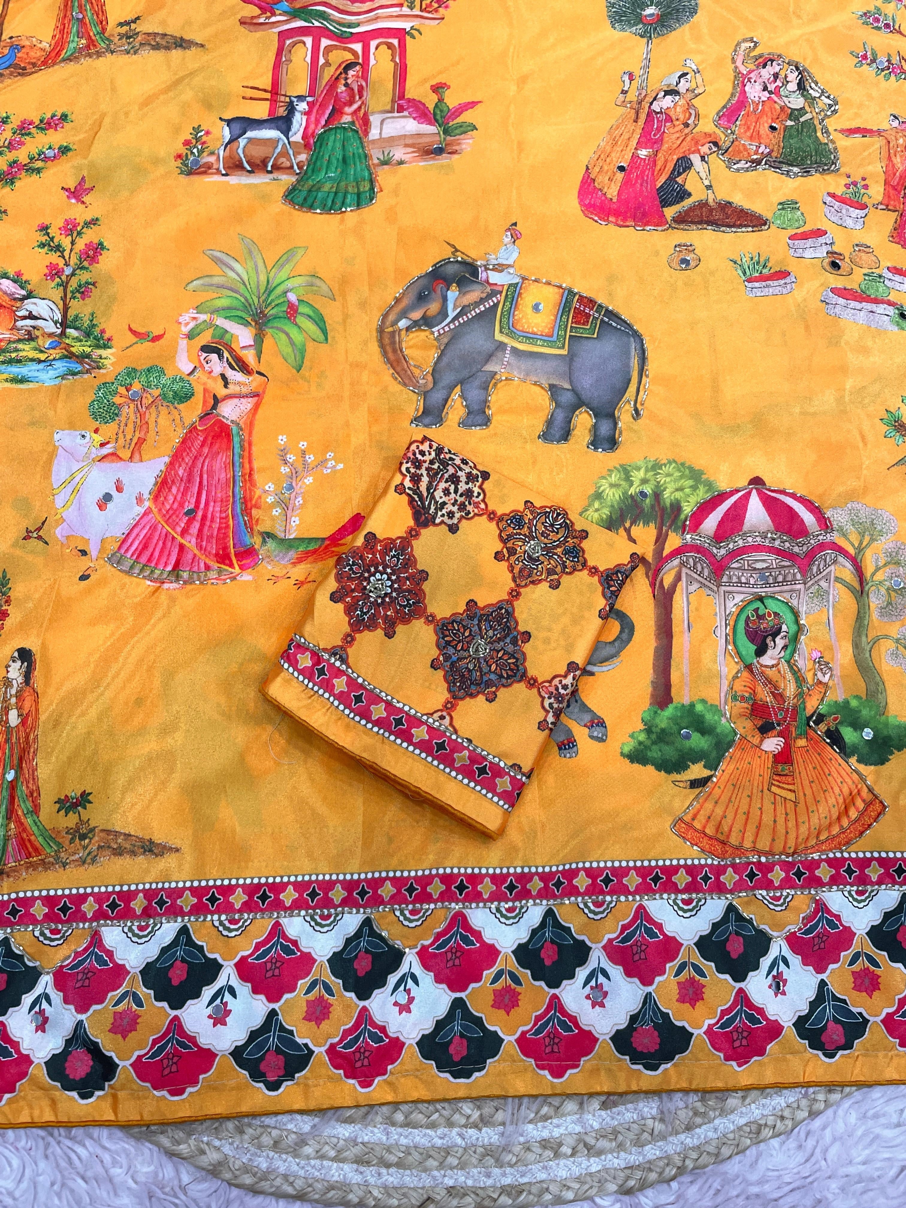 These Bollywood-style satin silk sarees feature vibrant Pichwai digital prints and  handwork