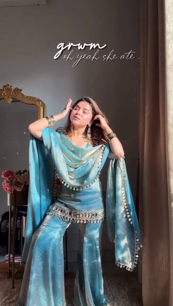 Elegant Fendy Silk Sharara Set with Real Mirror Work  Perfect for festive & wedding functions.