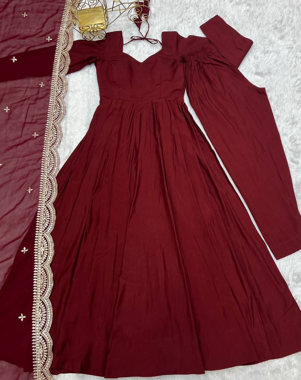 Premium Roman Silk Chanderi 16 Kali Anarkali Gown Set  Royal look for weddings & festive occasions