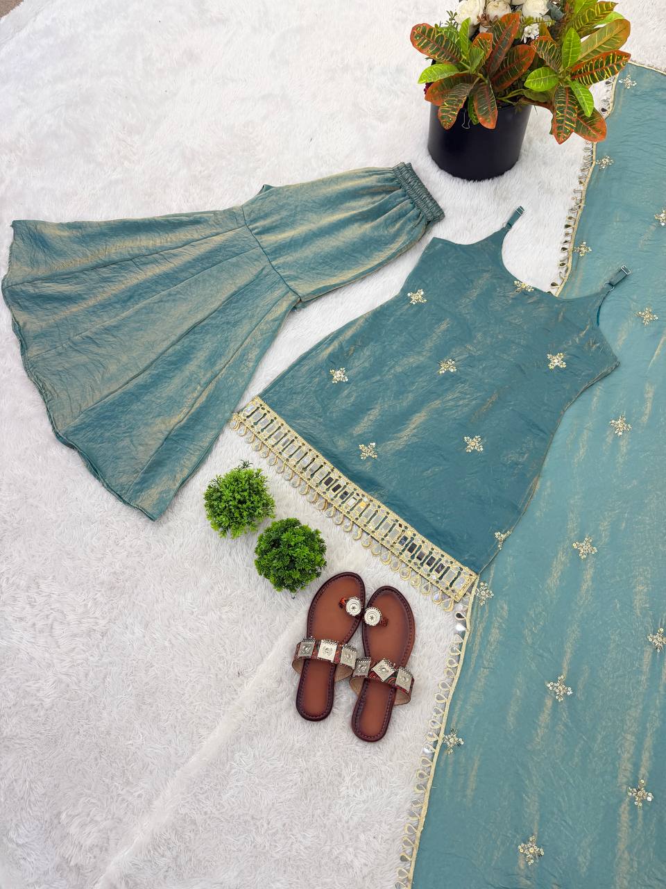 Elegant Fendy Silk Sharara Set with Real Mirror Work  Perfect for festive & wedding functions.