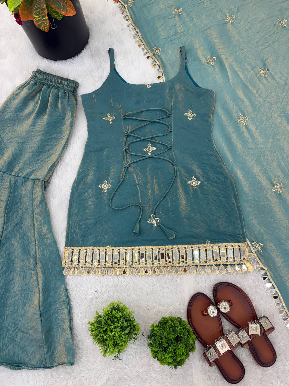 Elegant Fendy Silk Sharara Set with Real Mirror Work  Perfect for festive & wedding functions.