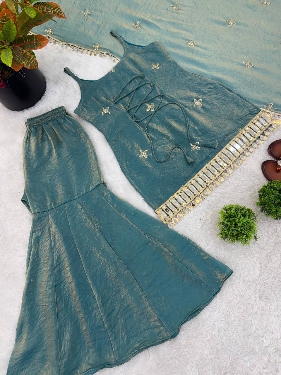 Elegant Fendy Silk Sharara Set with Real Mirror Work  Perfect for festive & wedding functions.