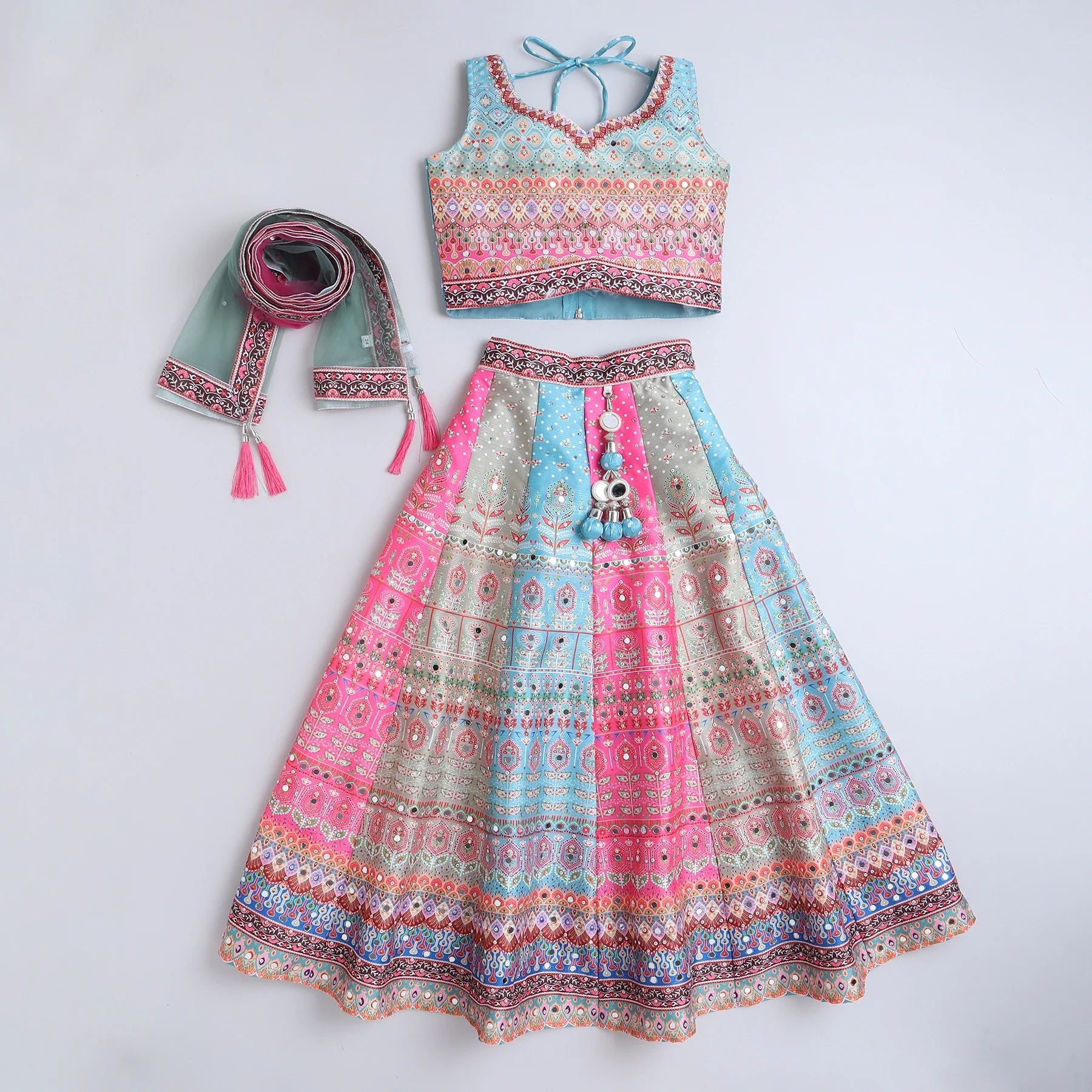 Multicolor Mirror Work And Printed Lehenga Choli Set For Girls